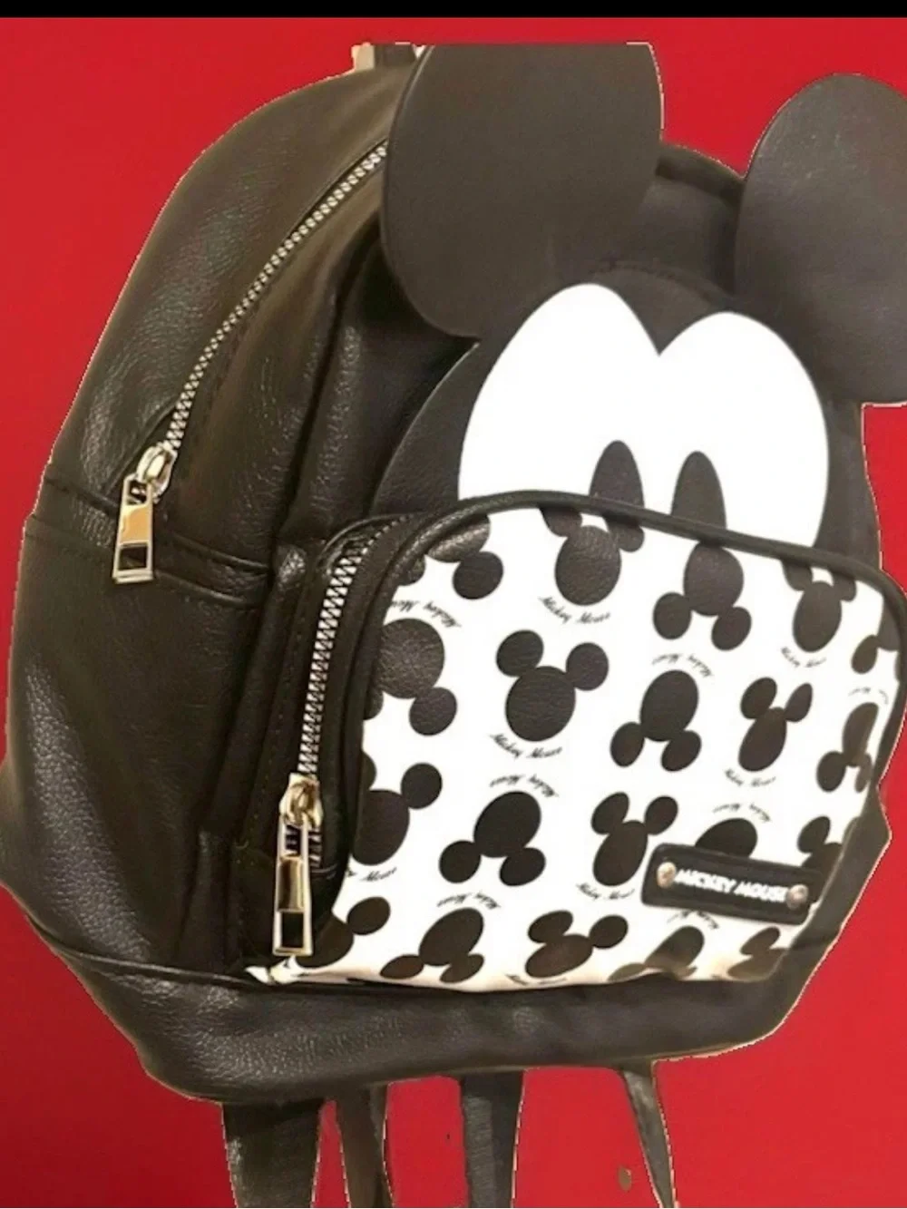 NWT Disney Mickey Mouse Mini Backpack Black and White Faux Leather Zipper Pocket